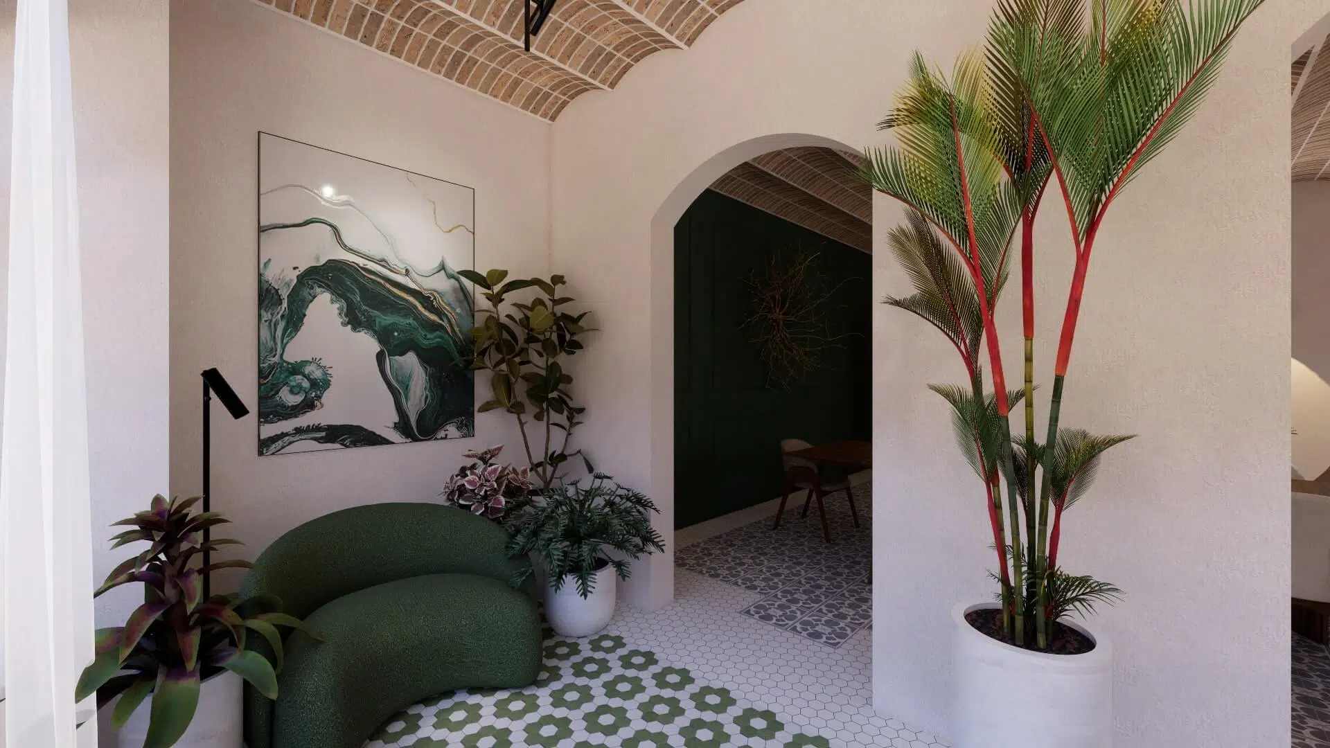 Piso clásico en Eixample de Barcelona, con plantas de interior visto en una galería acristalada.