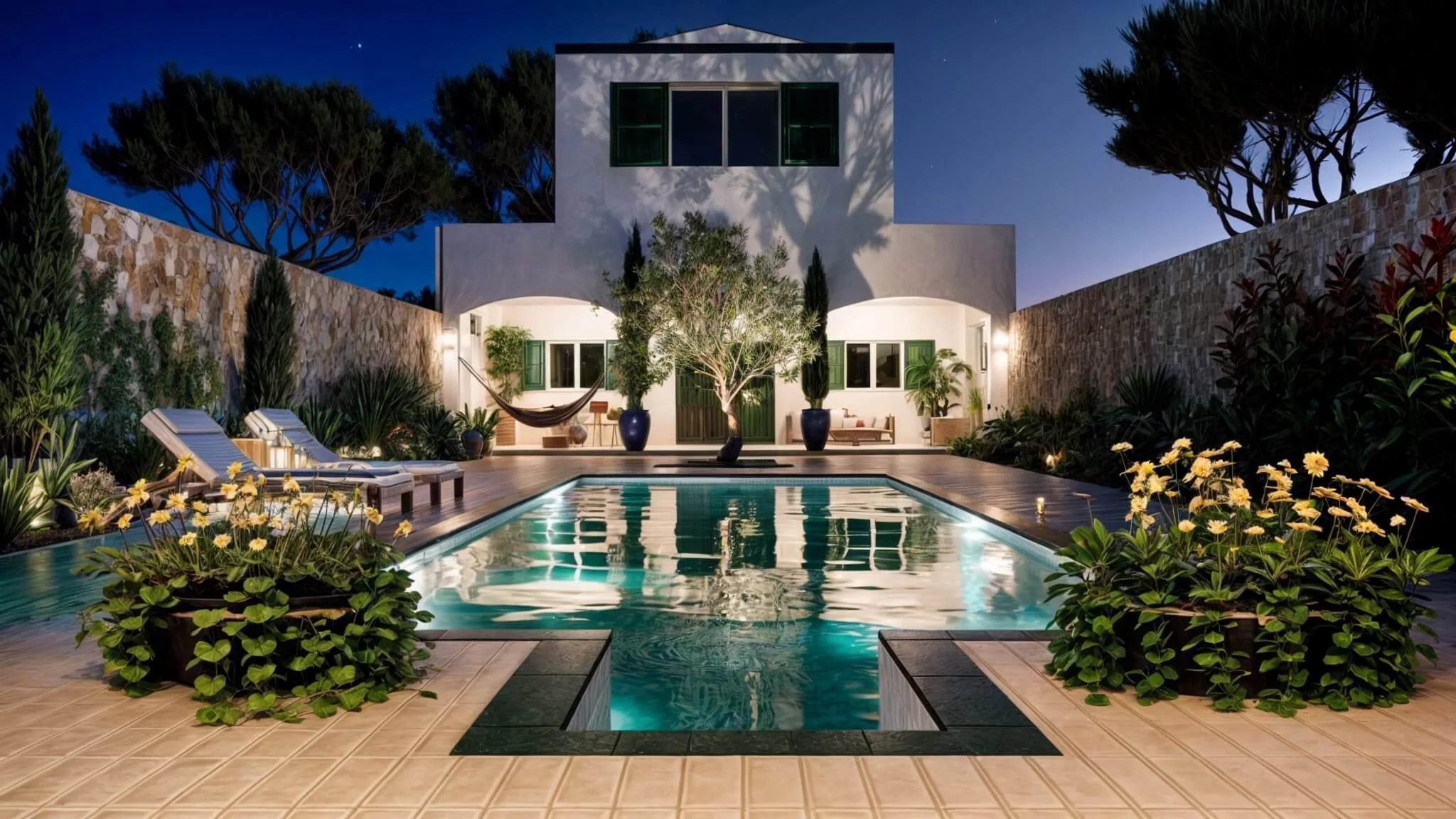 jardín iluminado al atardecer de una casa mediterránea con piscina