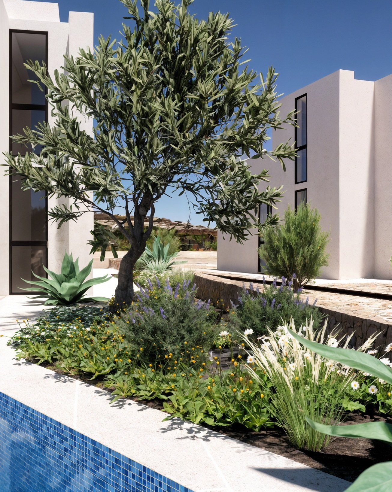 Olivo, agave, lavanda son algunas de las plantas de un jardín seco.