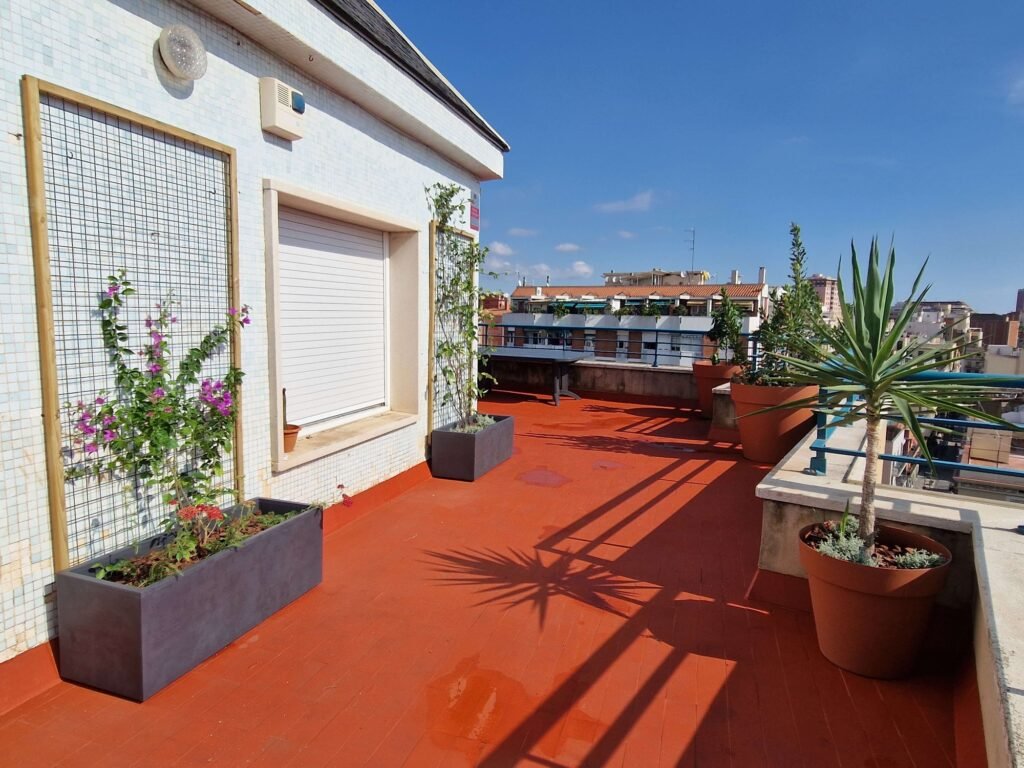 Proyecto de paisajismo de una terraza en Sants-Badal, Barcelona. Macetas y jardineras con plantas con flores, arbustos, frutales y trepadoras.