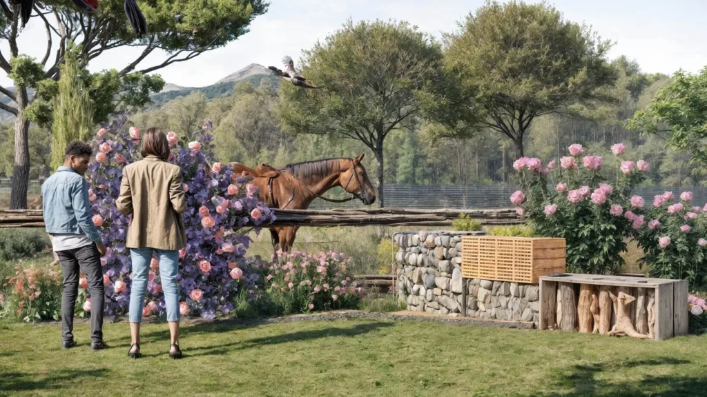 Un jardín de una hípica, con rosales, salvias y árbol del humo.