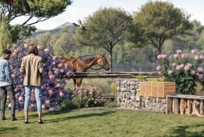 Un jardín de una hípica, con rosales, salvias y árbol del humo.