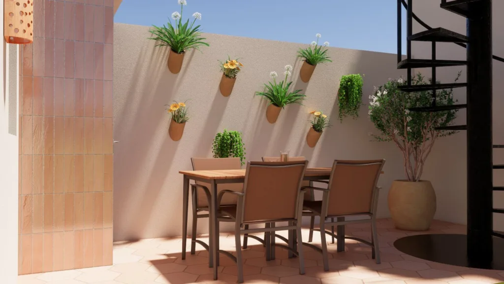 Inspirada en los encantadores patios andaluces, esta versión contemporánea trae macetas de terracota y plantas vivaces.