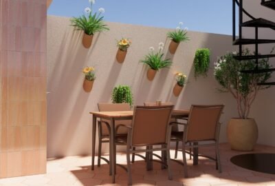 Inspirada en los encantadores patios andaluces, esta versión contemporánea trae macetas de terracota y plantas vivaces.