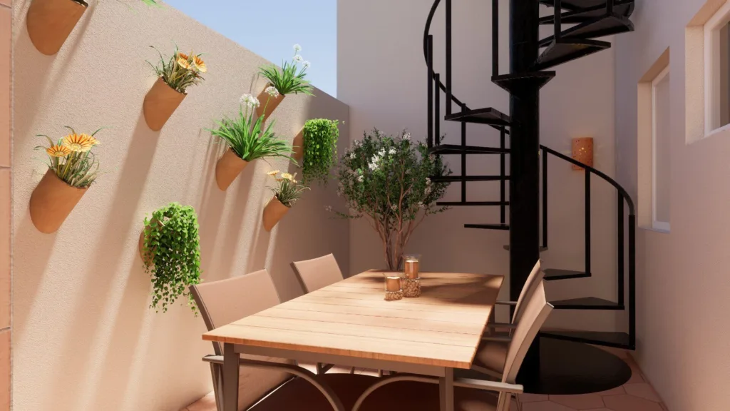 Inspirada en los encantadores patios andaluces, esta versión contemporánea trae macetas de terracota y plantas vivaces.