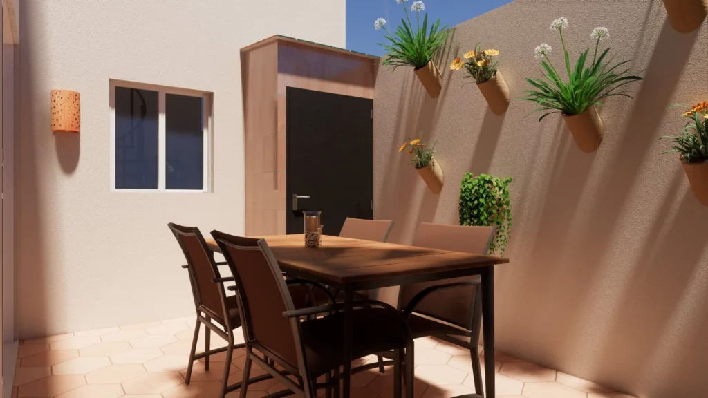 Inspirada en los encantadores patios andaluces, esta versión contemporánea trae macetas de terracota y plantas vivaces.