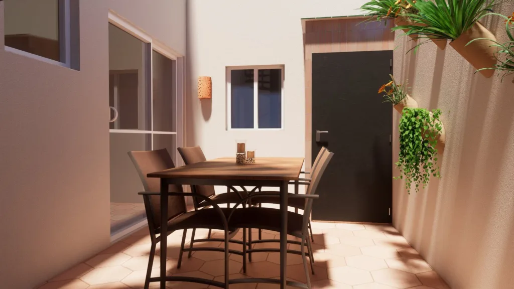 Inspirada en los encantadores patios andaluces, esta versión contemporánea trae macetas de terracota y plantas vivaces.